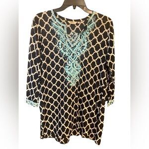 Sulu Sz 6 Black Turquoise Ornate Intricate Embroidered Statement Sleeve Tunic